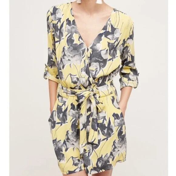 ANTHROPOLOGIE Elevenses Somerset Romper Yelow Gray Floral Size Small Summer - Picture 1 of 6